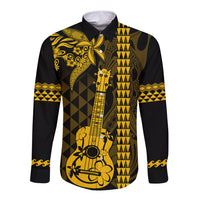 Custom Hawaii Long Sleeve Button Shirt Ukelele and Hula Girl Mix Kakau Pattern LT03 Unisex Yellow - Polynesian Pride