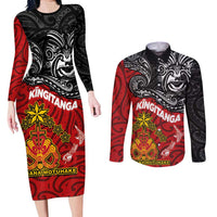 The Kingitanga - Maori King Movement Couples Matching Long Sleeve Bodycon Dress and Long Sleeve Button Shirt Ko Te Mana Motuhake Emblem with Moko and Polynesian Art Tattoo