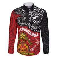 Maori King Movement Family Matching Off The Shoulder Long Sleeve Dress and Hawaiian Shirt Ko Te Mana Motuhake Emblem with Moko and Polynesian Art Tattoo LT03 Dad's Shirt - Long Sleeve Red - Polynesian Pride
