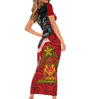 The Kingitanga - Maori King Movement Family Matching Short Sleeve Bodycon Dress and Hawaiian Shirt Ko Te Mana Motuhake Emblem with Moko and Polynesian Art Tattoo