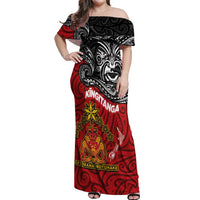Maori King Movement Off Shoulder Maxi Dress Ko Te Mana Motuhake Emblem with Moko and Polynesian Art Tattoo LT03 Women Red - Polynesian Pride