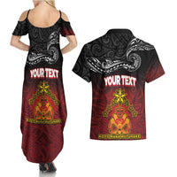 Personalised The Kingitanga - Maori King Movement Couples Matching Summer Maxi Dress and Hawaiian Shirt Ko Te Mana Motuhake Emblem with Silver Ferns and Polynesian Art Tattoo