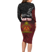 Personalised Maori King Movement Long Sleeve Bodycon Dress Ko Te Mana Motuhake Emblem with Silver Ferns and Polynesian Art Tattoo LT03 - Polynesian Pride