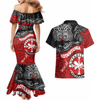 Maori Kotahitanga Couples Matching Mermaid Dress and Hawaiian Shirt Aotearoa Spirit with Maori Mask and Polynesian Art Tattoo