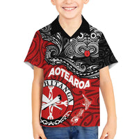 Maori Kotahitanga Family Matching Off Shoulder Short Dress and Hawaiian Shirt Aotearoa Spirit with Maori Mask and Polynesian Art Tattoo LT03 Son's Shirt Red - Polynesian Pride