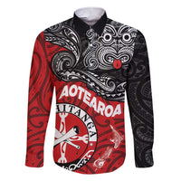 Maori Kotahitanga Family Matching Short Sleeve Bodycon Dress and Hawaiian Shirt Aotearoa Spirit with Maori Mask and Polynesian Art Tattoo LT03 Dad's Shirt - Long Sleeve Red - Polynesian Pride