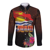 Kiribati Flag and Fireworks Long Sleeve Button Shirt First Place Welcome the New Year - Polynesian Pride