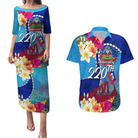 Personalised Haiti 220th Anniversary Independence Day Couples Matching Puletasi Dress and Hawaiian Shirt Ayiti Flower with Polynesian Pattern LT03 Blue - Polynesian Pride