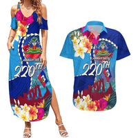 Personalised Haiti 220th Anniversary Independence Day Couples Matching Summer Maxi Dress and Hawaiian Shirt Ayiti Flower with Polynesian Pattern LT03 Blue - Polynesian Pride