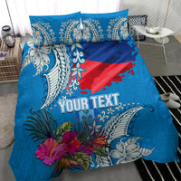 Personalised Haiti Coat Of Arms Bedding Set Repiblik d Ayiti Tropical Flower Blue Polynesian Pattern LT03 - Polynesian Pride