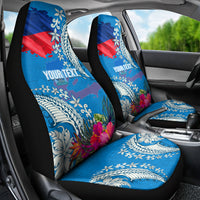 Personalised Haiti Coat Of Arms Car Seat Cover Repiblik d Ayiti Tropical Flower Blue Polynesian Pattern LT03 - Polynesian Pride