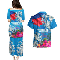 Personalised Haiti Coat Of Arms Couples Matching Puletasi Dress and Hawaiian Shirt Repiblik d Ayiti Tropical Flower Blue Polynesian Pattern LT03 - Polynesian Pride
