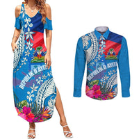 Personalised Haiti Coat Of Arms Couples Matching Summer Maxi Dress and Long Sleeve Button Shirt Repiblik d Ayiti Tropical Flower Blue Polynesian Pattern LT03 Blue - Polynesian Pride