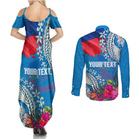Personalised Haiti Coat Of Arms Couples Matching Summer Maxi Dress and Long Sleeve Button Shirt Repiblik d Ayiti Tropical Flower Blue Polynesian Pattern LT03 - Polynesian Pride