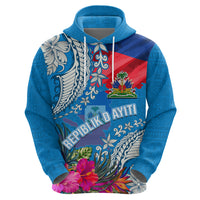 Personalised Haiti Coat Of Arms Hoodie Repiblik d Ayiti Tropical Flower Blue Polynesian Pattern LT03 - Polynesian Pride