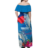 Personalised Haiti Coat Of Arms Off Shoulder Maxi Dress Repiblik d Ayiti Tropical Flower Blue Polynesian Pattern LT03 - Polynesian Pride