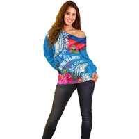 Personalised Haiti Coat Of Arms Off Shoulder Sweater Repiblik d Ayiti Tropical Flower Blue Polynesian Pattern LT03 - Polynesian Pride
