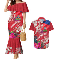 Personalised Haiti Coat Of Arms Couples Matching Mermaid Dress and Hawaiian Shirt Repiblik d Ayiti Tropical Flower Red Polynesian Pattern LT03 Red - Polynesian Pride
