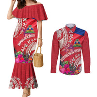 Personalised Haiti Coat Of Arms Couples Matching Mermaid Dress and Long Sleeve Button Shirt Repiblik d Ayiti Tropical Flower Red Polynesian Pattern LT03 Red - Polynesian Pride