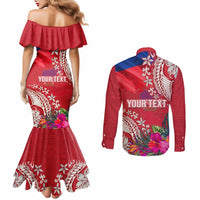 Personalised Haiti Coat Of Arms Couples Matching Mermaid Dress and Long Sleeve Button Shirt Repiblik d Ayiti Tropical Flower Red Polynesian Pattern LT03 - Polynesian Pride