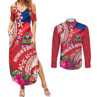 Personalised Haiti Coat Of Arms Couples Matching Summer Maxi Dress and Long Sleeve Button Shirt Repiblik d Ayiti Tropical Flower Red Polynesian Pattern LT03 Red - Polynesian Pride