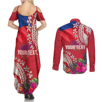 Personalised Haiti Coat Of Arms Couples Matching Summer Maxi Dress and Long Sleeve Button Shirt Repiblik d Ayiti Tropical Flower Red Polynesian Pattern LT03 - Polynesian Pride