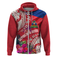 Personalised Haiti Coat Of Arms Hoodie Repiblik d Ayiti Tropical Flower Red Polynesian Pattern LT03 Zip Hoodie Red - Polynesian Pride