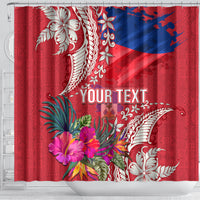 Personalised Haiti Coat Of Arms Shower Curtain Repiblik d Ayiti Tropical Flower Red Polynesian Pattern LT03 - Polynesian Pride