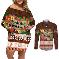 Pasifika Festival Auckland Couples Matching Off Shoulder Short Dress and Long Sleeve Button Shirt Polynesian Tribal with Pacific Pattern Brown Color LT03 Brown - Polynesian Pride