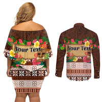 Pasifika Festival Auckland Couples Matching Off Shoulder Short Dress and Long Sleeve Button Shirt Polynesian Tribal with Pacific Pattern Brown Color LT03 - Polynesian Pride