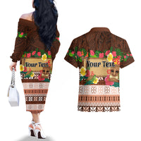 Pasifika Festival Auckland Couples Matching Off The Shoulder Long Sleeve Dress and Hawaiian Shirt Polynesian Tribal with Pacific Pattern Brown Color LT03 - Polynesian Pride