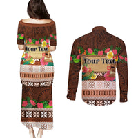 Pasifika Festival Auckland Couples Matching Puletasi and Long Sleeve Button Shirt Polynesian Tribal with Pacific Pattern Brown Color LT03 - Polynesian Pride