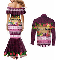 Pasifika Festival Auckland Couples Matching Mermaid Dress and Long Sleeve Button Shirt Polynesian Tribal with Pacific Pattern Pink Color LT03 - Polynesian Pride
