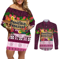 Pasifika Festival Auckland Couples Matching Off Shoulder Short Dress and Long Sleeve Button Shirt Polynesian Tribal with Pacific Pattern Pink Color LT03 Pink - Polynesian Pride
