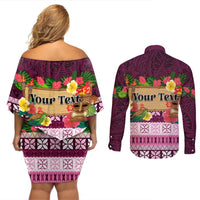 Pasifika Festival Auckland Couples Matching Off Shoulder Short Dress and Long Sleeve Button Shirt Polynesian Tribal with Pacific Pattern Pink Color LT03 - Polynesian Pride