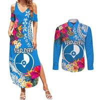 Yap Day Couples Matching Summer Maxi Dress and Long Sleeve Button Shirt Tapa Pattern with Hisbiscus LT03 Blue - Polynesian Pride