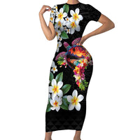 Hawaiian Lei Day Short Sleeve Bodycon Dress Plumeria and Turtle with Polynesian Tribal Pattern