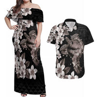 Hawaiian Lei Day Couples Matching Off Shoulder Maxi Dress and Hawaiian Shirt Plumeria and Turtle with Polynesian Tribal Pattern Grayscale Color