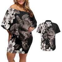Hawaiian Lei Day Couples Matching Off Shoulder Short Dress and Hawaiian Shirt Plumeria and Turtle with Polynesian Tribal Pattern Grayscale Color