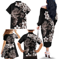 Hawaiian Lei Day Family Matching Off The Shoulder Long Sleeve Dress and Hawaiian Shirt Plumeria and Turtle with Polynesian Tribal Pattern Grayscale Color