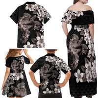 Hawaiian Lei Day Family Matching Off Shoulder Maxi Dress and Hawaiian Shirt Plumeria and Turtle with Polynesian Tribal Pattern Grayscale Color