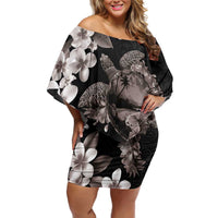 Hawaiian Lei Day Off Shoulder Short Dress Plumeria and Turtle with Polynesian Tribal Pattern Grayscale Color LT03 Women Black - Polynesian Pride