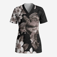 Hawaiian Lei Day Scrub Top Plumeria and Turtle with Polynesian Tribal Pattern Grayscale Color LT03 Adult Black - Polynesian Pride