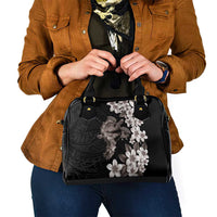 Hawaiian Lei Day Shoulder Handbag Plumeria and Turtle with Polynesian Tribal Pattern Grayscale Color