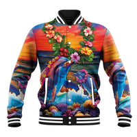 Hawaiian Lei Day Baseball Jacket Dolphins with Colorful Corals and Romantic Sunset
