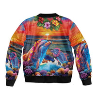 Hawaiian Lei Day Bomber Jacket Dolphins with Colorful Corals and Romantic Sunset