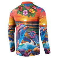 Hawaiian Lei Day Button Sweatshirt Dolphins with Colorful Corals and Romantic Sunset