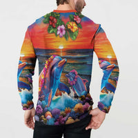 Hawaiian Lei Day Button Sweatshirt Dolphins with Colorful Corals and Romantic Sunset