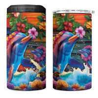 Hawaiian Lei Day 4 in 1 Can Cooler Tumbler Dolphins with Colorful Corals and Romantic Sunset