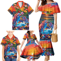 Hawaiian Lei Day Family Matching Mermaid Dress and Hawaiian Shirt Dolphins with Colorful Corals and Romantic Sunset